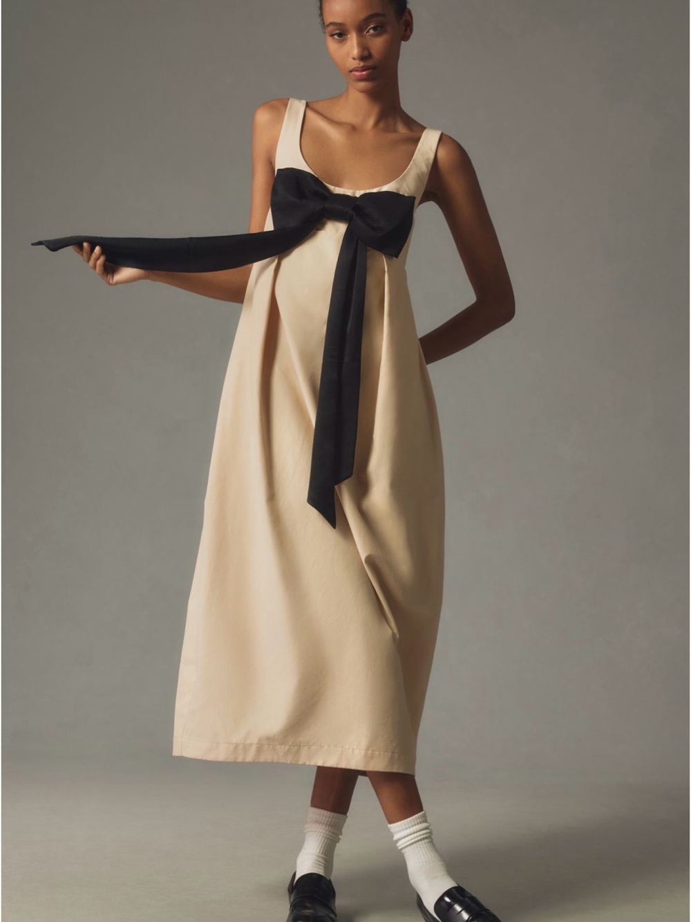 Beige Black Maeve Barrel Bow Midi Dress